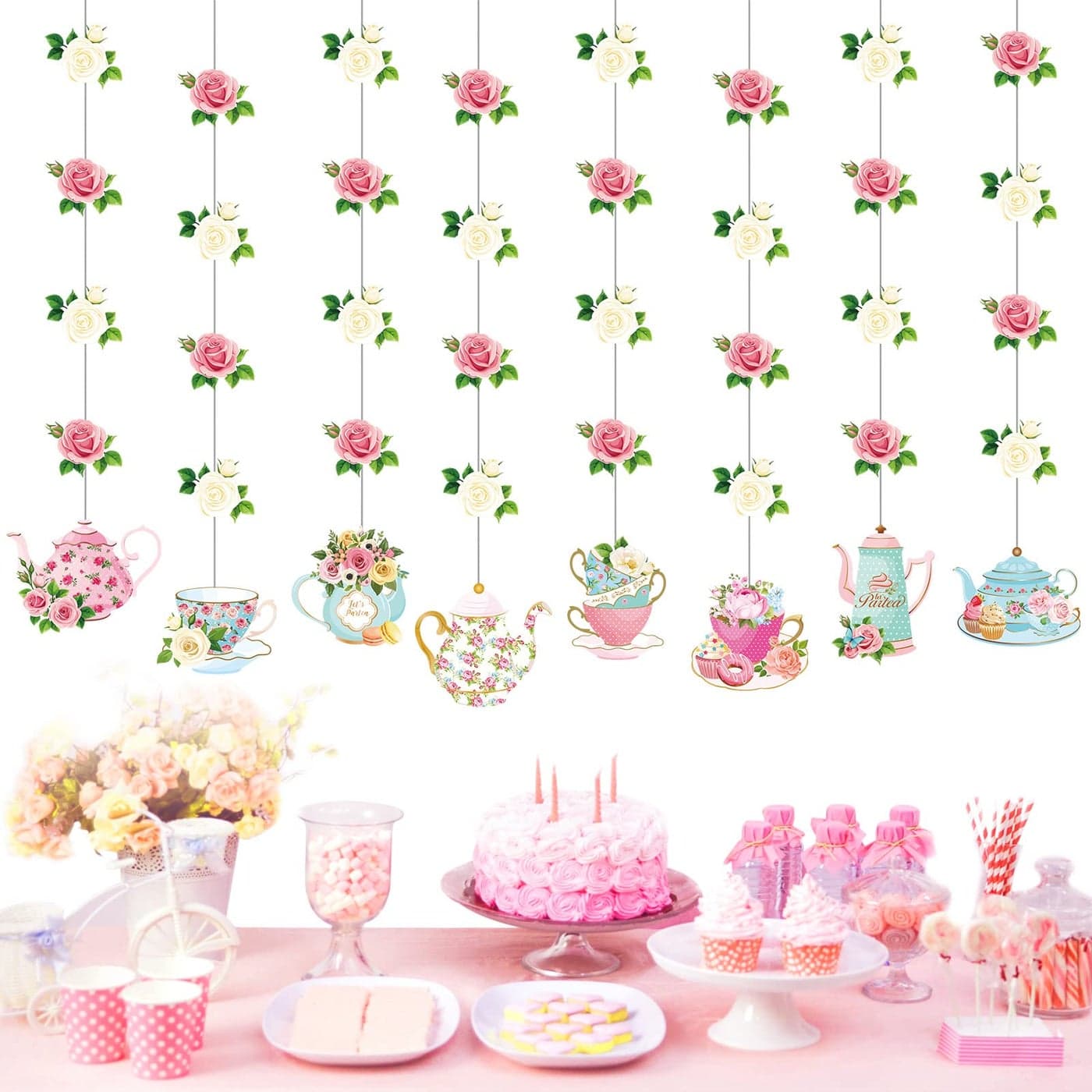 Faccito Floral Tea Party Decorations Double Sided Tea Party Hanging Garland Decor for Baby Shower Gender Reveal Bridal Wedding Favors Girls Women 32 8 Pack