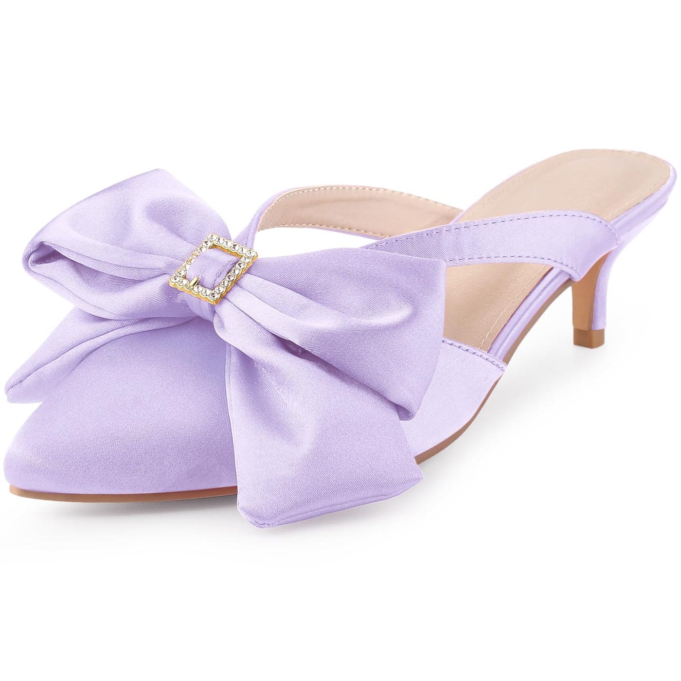 Perphy Bow Rhinestones Kitten Heels Satin Purple Slide Mules for Women 9 M US