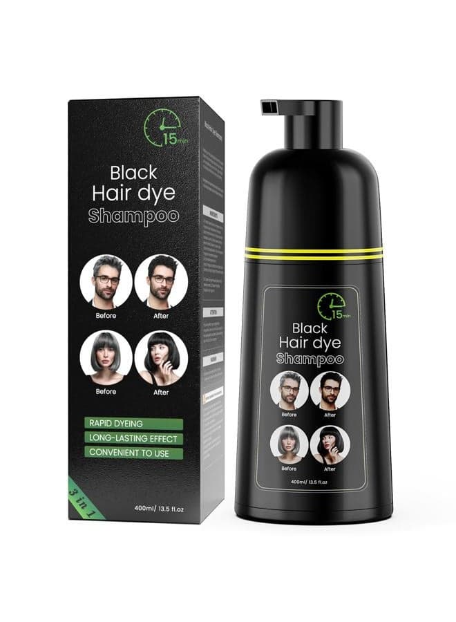 Black Hair Dye Shampoo, Semi-Permanent Hair Color Shampoo for Women and Men, Herbal Ingredients and No Ammonia, 3 in 1-100% Grey Coverage 400ml/ 13.5 fl.oz
