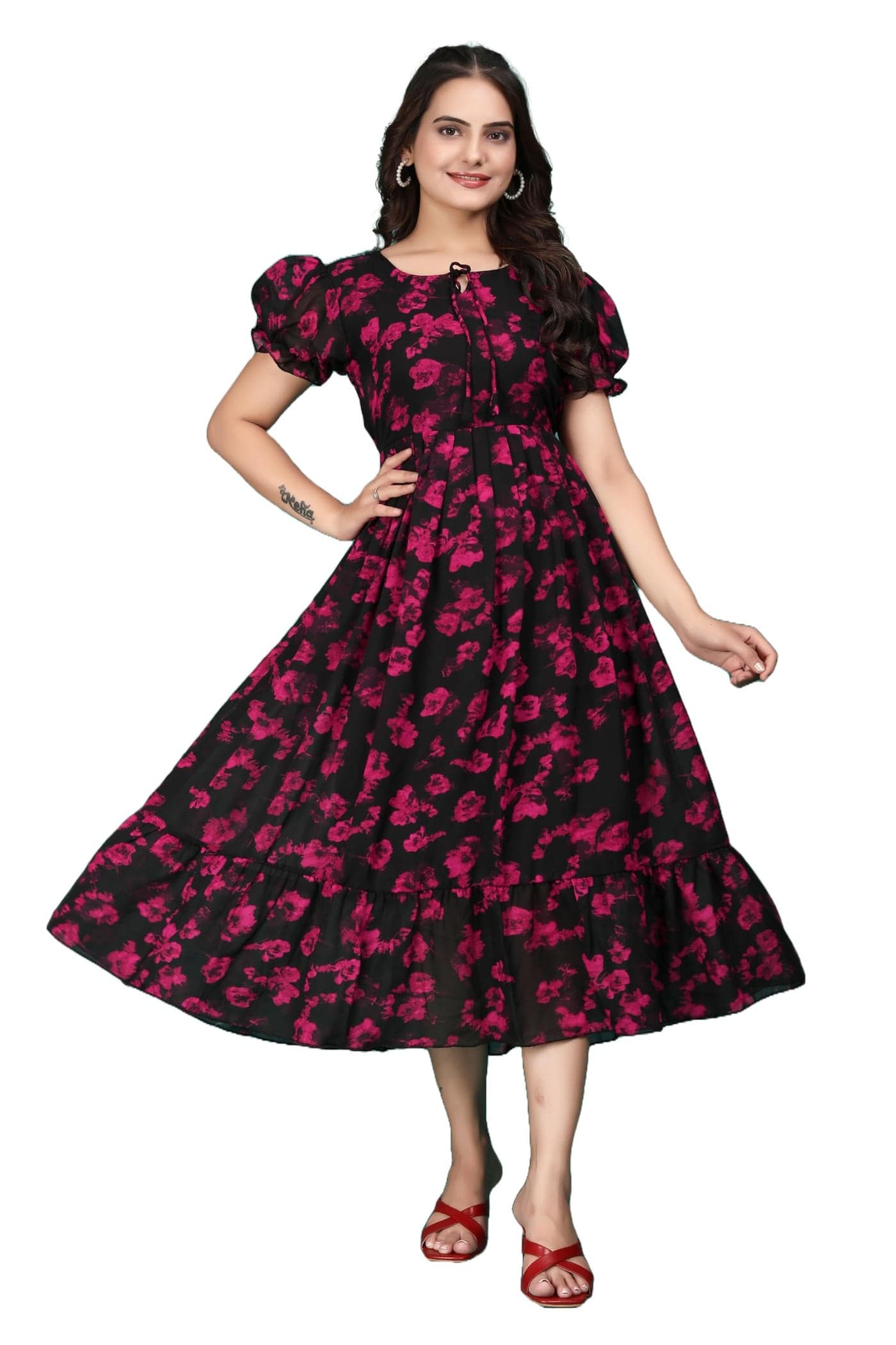 HOSI Women's Georgette Floral Printed Puff Sleeve A Line Maxi Dress (in, Alpha, 3XL, Regular, Black)