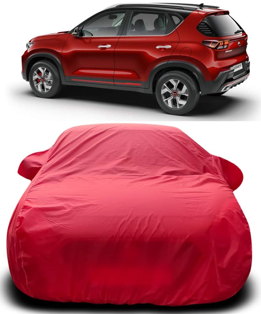 MOTROX Car Cover Compatible with Kia Sonet (2020-2021) with Mirror Pocket Triple Stitched Bottom Elastic Water Resistant UV Protection & Dustproof Car Cover-Red