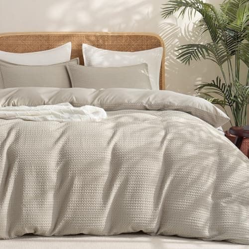 PHF Soft Waffle Duvet Cover Queen Size- Luxury Textured No Snagging Waffle Weave Duvet Cover(90"x90") with 2 Pillow Shams, 3 Pieces Breathable Bedding Set for All Season, Natural