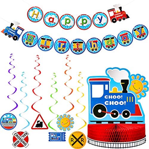 Train Birthday Party Banner Decorations Set, Happy Birthday Banner Railroad Steam Train Honeycomb Centerpiece, 6 Hanging Swirl Decoration for Baby Shower Transportation Vehicle Party Garland Supplies