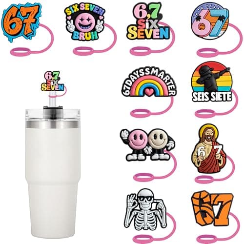 67 Valentines Days Gifts for Him 10Pcs 0.4in Straw Cover Toppers for Stanley Cup 30&40oz Accessories,6 7 Ornament Merch Stuff Gifts Party Favors,Silicone Reusable Straw Hats