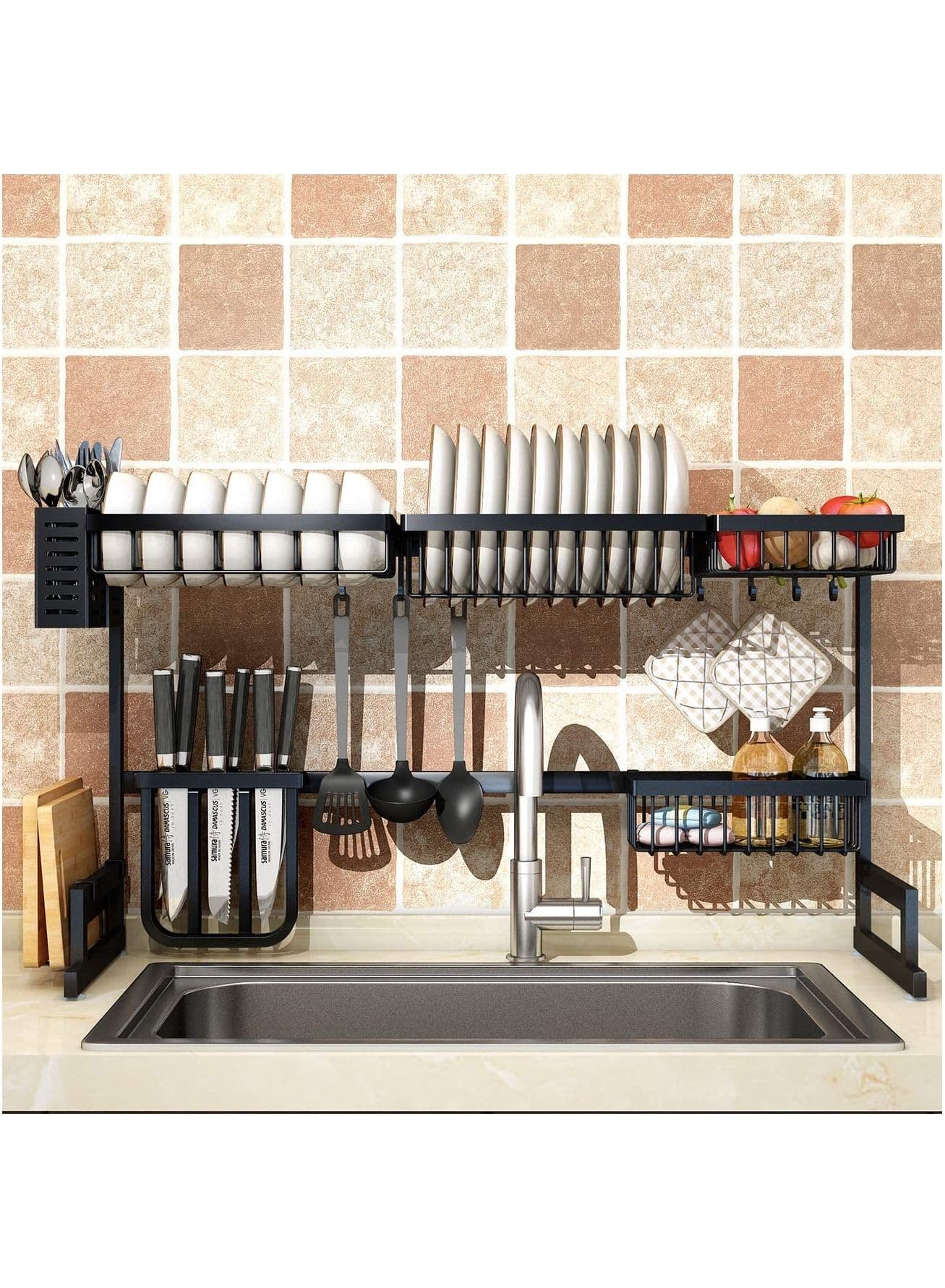 Kitchen Stainless Steel Dish Rack Over Sink Expanding Organizer Storage Draining Drying Plate Rack Knife Fork Container