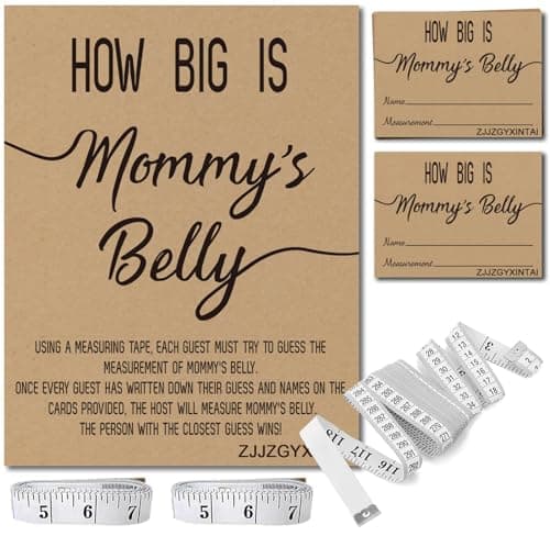 ZJJZGYXINTAI How Big is Mommys Belly Rustic Baby Shower Gender Neutral Game Includes 8x10 Inch Kraft Standing Sign and 50 Guessing Cards 3 Rolls 10 Feet Measuring Tape