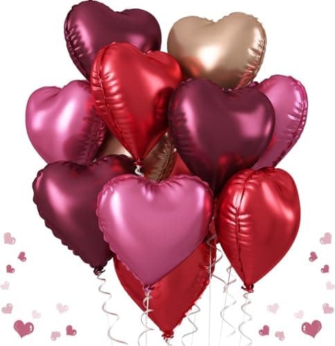 Wine Red Heart Balloons 18 Inch 12 Pcs Burgundy Red and Pink Foil Heart Balloons Red and Rose Gold Heart Shape Foil Balloons Party Decoration for Birthday Wedding Valentines Anniversary