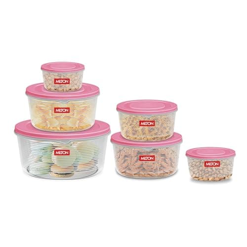 MILTON Store It Round Plastic Food Storage Container Set of 6 with Air Tight Lid (200ml, 400ml, 600ml, 1L, 2L & 3L) Fridge Boxes, Multi-Purpose Leakproof Box for Vegetable Snacks Kitchen Bowl, Pink