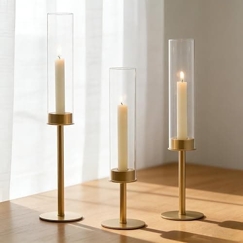 Hewory Gold Candle Holders 3Pcs Brass Candle Stick Candelabra with Glass Candle Cover for Wedding Table Centerpiece Christmas Decor
