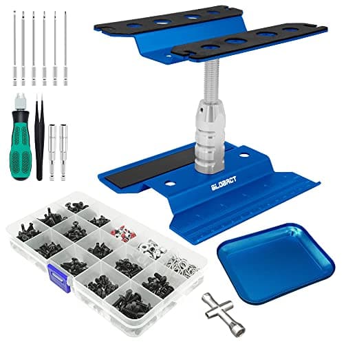 GLOBACT RC Car Repair Work Stand Repair Tool Set 360 Degree Rotation and 521 PCS RC Screws Kit and RC Screwdrivers and Screws Pallet Kit for 18 110 112 116 118 RC Car Truck Crawler Blue