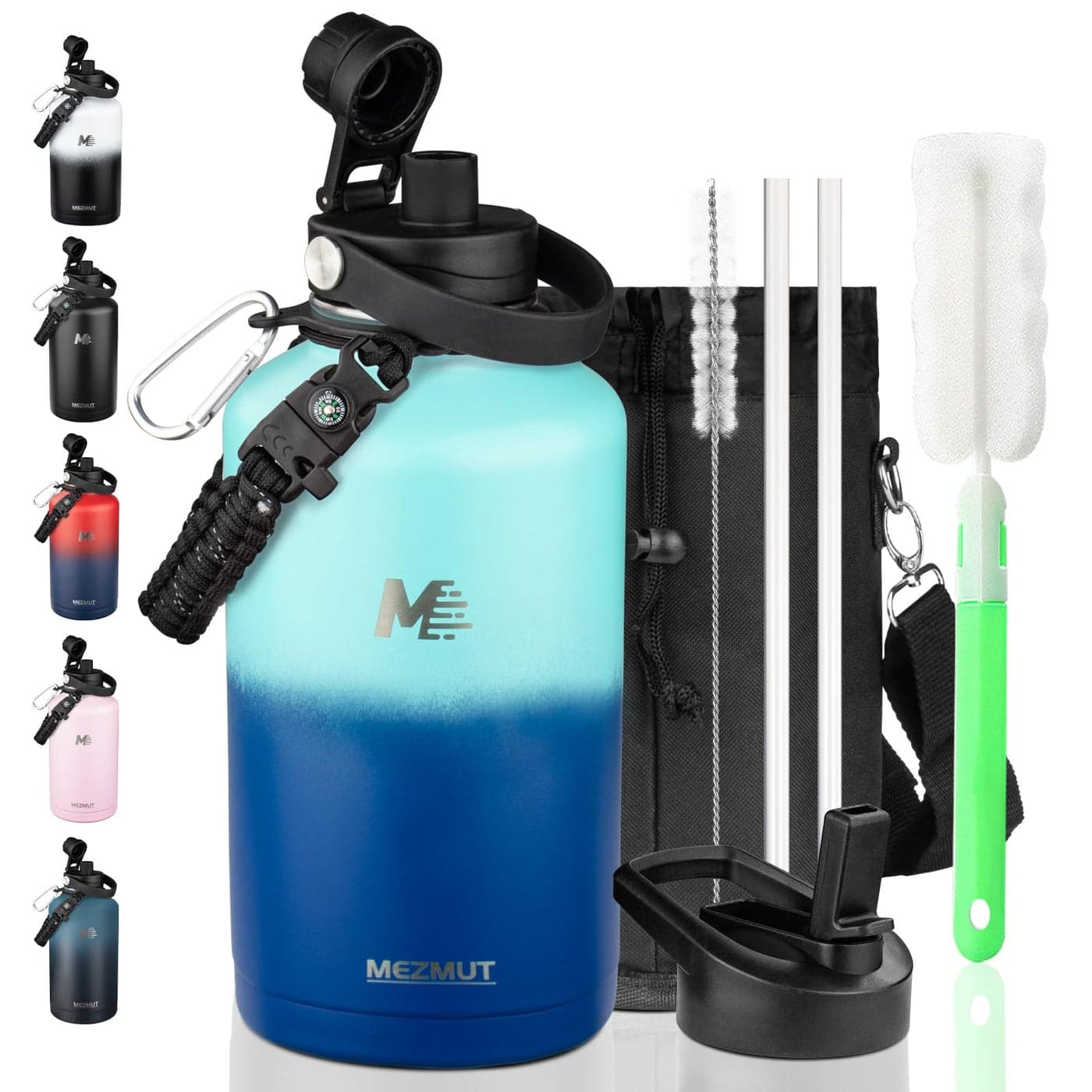 MEZMUT 64oz Insulated Water Bottle with Straw2 LidsStainless Steel Water Bottle with Paracord HandleDouble Vacuum Large Sports Water Jug Leakproof Keep Cold Hot for Outdoor Camping Biking Trip