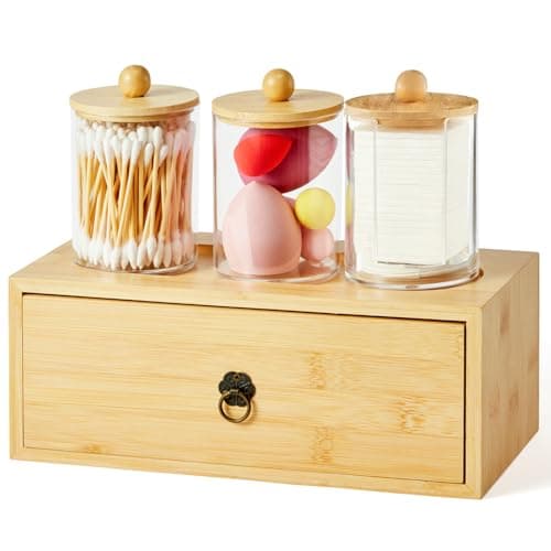 GNILLKO 3 Pack Qtip Holder Bathroom Set, Cotton Ball and Qtip Holder with Tray Drawer, Bathroom Jars with Lids Set for Cotton Ball Round Swab Pad Hair Ties Floss Perfume Jewelry