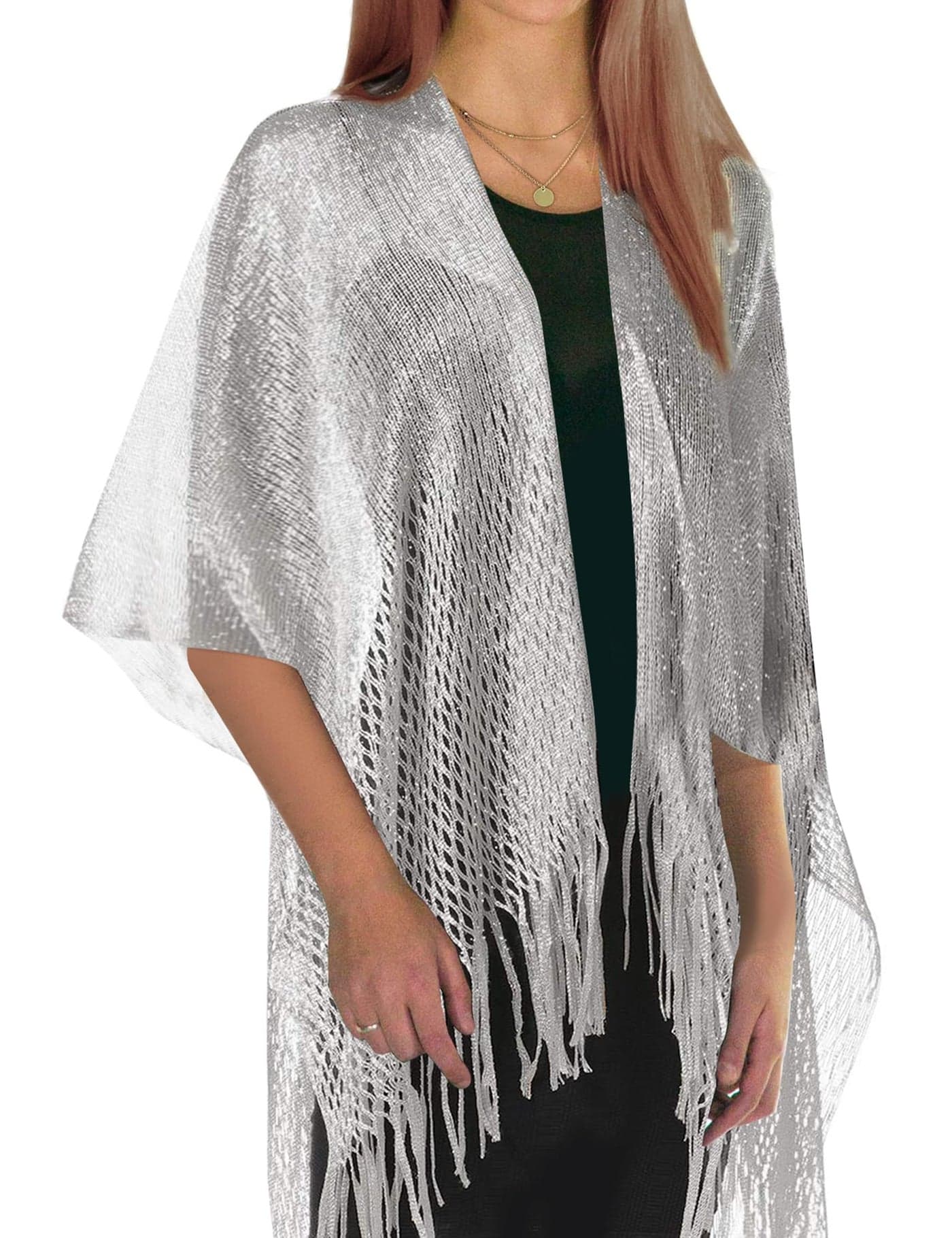 Rheane Silver Cardigan For Women - Dressy Shawl Wraps For Formal Evening Dresses - Dark Gray Sequin Kimono