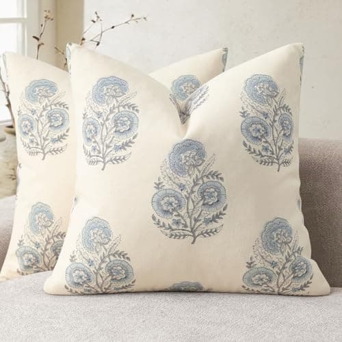 YCOLL Vintage Floral Print Pillow Covers 22x22 Set of 2 Patterned Accent Decorative Cushion Covers Modern Farmhouse Throw Pillow Covers for Sofa Couch Chair Bed Living Room Home Decor, Light Blue