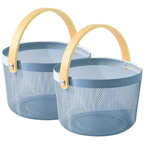 UMAI Metal Mesh Basket for Storage with Wooden Handle (Blue - 400gm) | Pack of 2 | Baskets for organizing home | Fruit Basket and Vegetable basket for kitchen | Organisers Storage Box |
