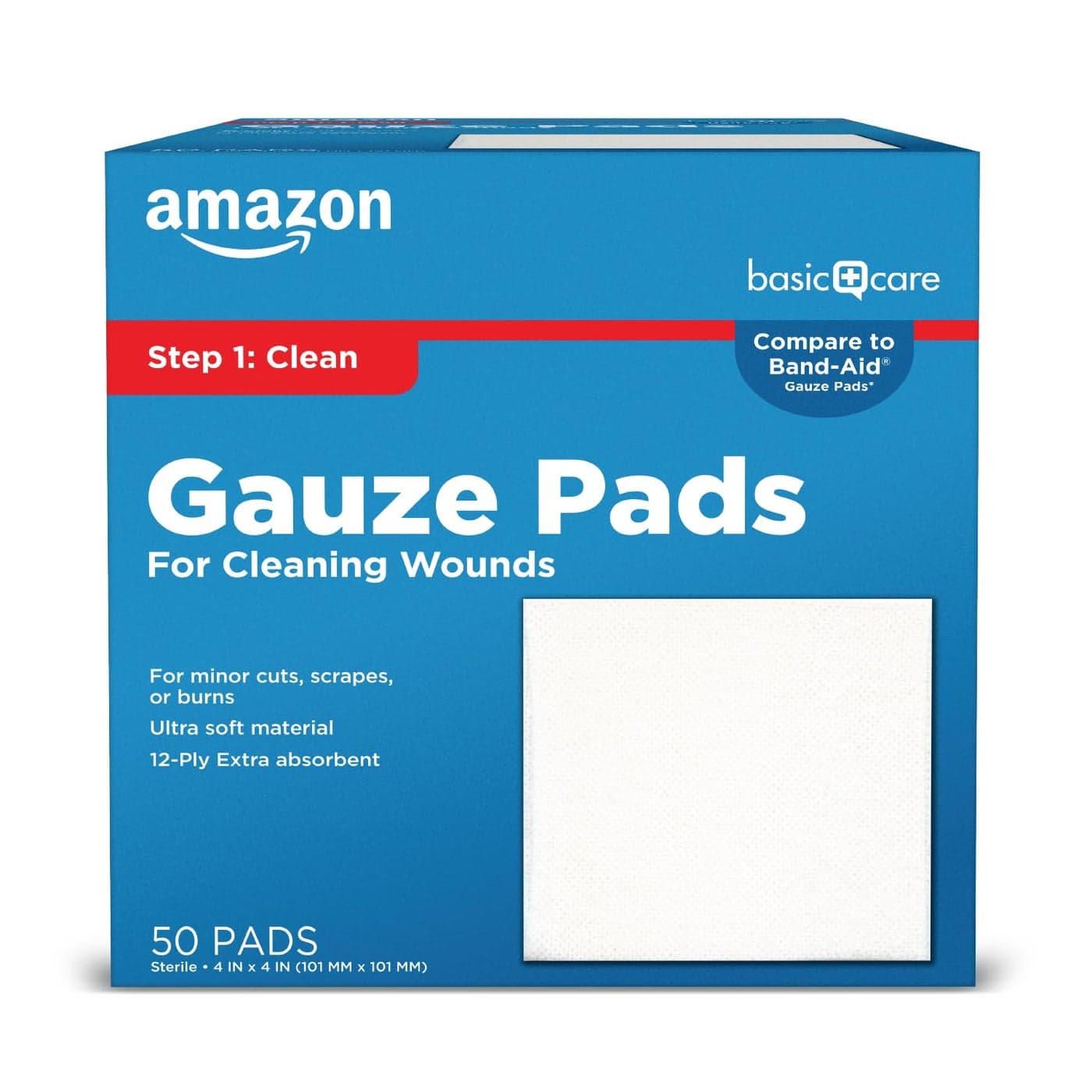 Basic Care Gauze Pads 4x4 inches Sterile Medical Wound Dressing Sponges for Cleaning Covering Cushioning Cuts Minor Injuries 50 Count Pack of 1 Previously All Health