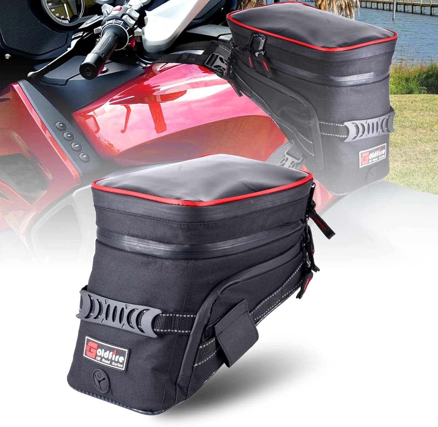 Goldfire Motorcycle Tank Bag with Strong Strap Mount - Water Resistant and Reflective (Red Piping)
