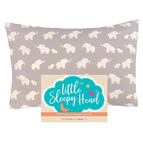Little Sleepy Head Youth Pillow Case - 100% Made Cotton & Hypoallergenic Pillow Case - Snug Fit Envelope Pillowcase Enclosure - Youth Pillow 16x22 Size - (Happy Elephants Gray) Travel Pillow Cover