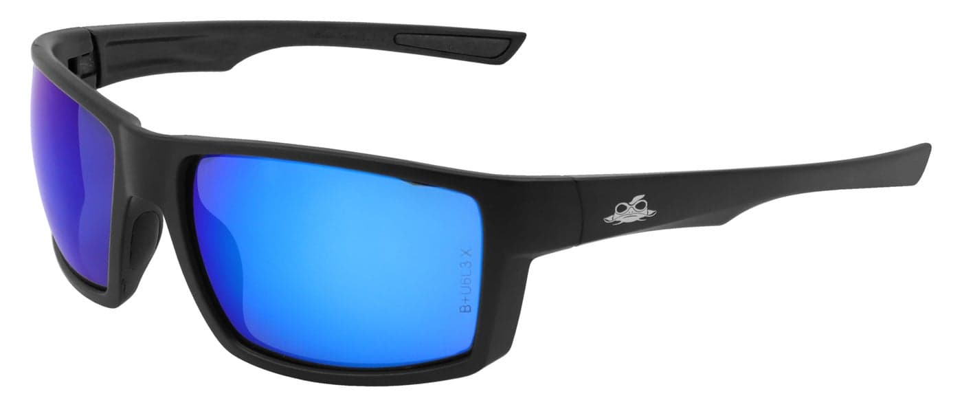 Bullhead Safety Eyewear Sawfish Glasses - Anti-Fog, Lightweight, Impact/Scratch Resistant, UV Blocking Sunglasses for Cycling, Fishing, Driving, Blue Mirror/Matte Black