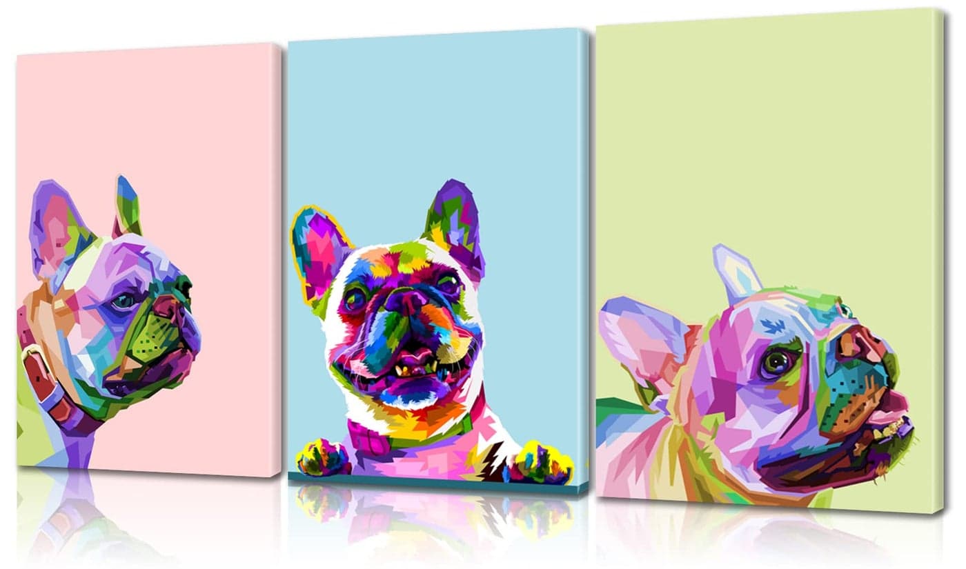 3 Piece French Bulldog Wall Art Dog Canvas Wall Art - French Bulldog Painting with Built-in Wooden Frame (12x16x3 inches) - Lightweight & Ready to Hang, for Living Room, Animal Wall Decor for Pet Shop & Pet Hospital