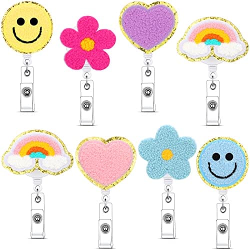 Woanger 8 Pcs Cute Badge Reel Retractable Flower Smile Cloud Heart Badge Holder Felt Name ID Accessories with 360 Degree Swivel Alligator Clip for Office School Hospital Nurse Doctors Teachers Favor