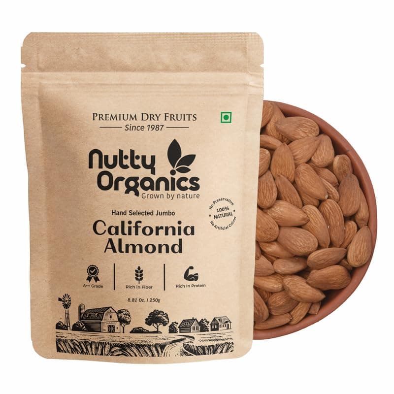 Nutty Organics California Almonds 250Gm | Hand Selected Jumbo | Tasty & Healthy | High in Protein & Dietary Fiber | Nutritious | Healthy Dry Fruit