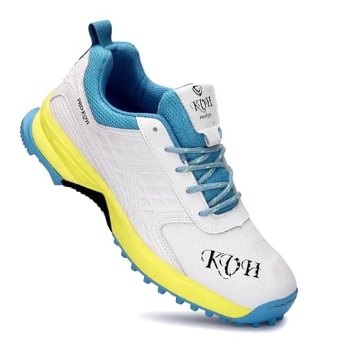 PRO KVH Lightweight Cricket Shoes for Men Rubber Spikes, Water-Resistant Footwear for Outdoor and Field Sports with All Round Performance PKC017_White / Lime-Yellow-06