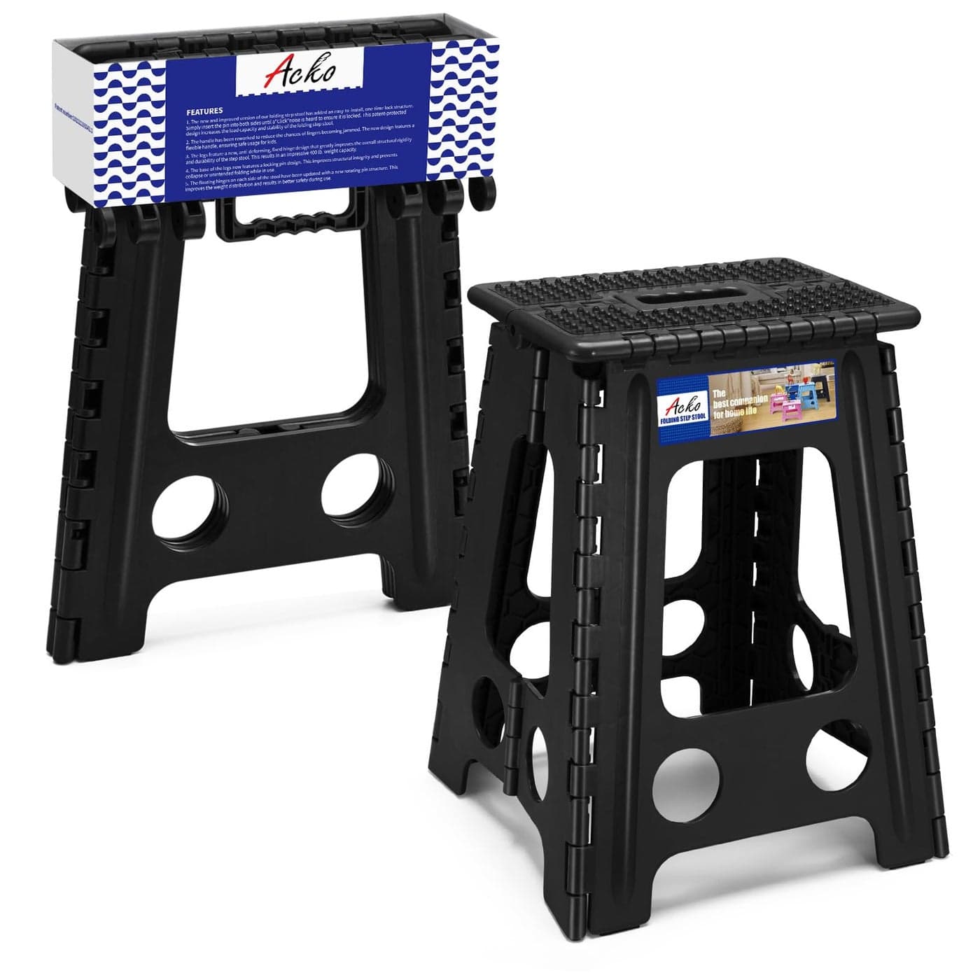 ACKO Folding Step Stool Foldable 175 Inch Stools for Adults and KidsPlastic Stools Tall 400 lbs Capacity Collapsible Stool for Kitchen Stepping Foot Stool with Handle Dot Black1 PC