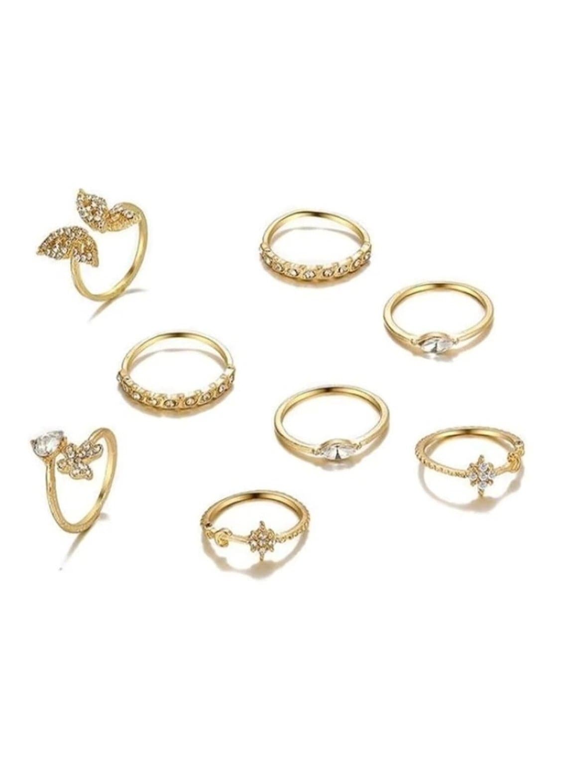 Gold Butterfly & Crystal Ring Set 8 Pcs Elegant Jewelry