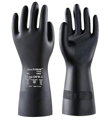 AnTools Heavy Duty Rubber Safety Work Gloves, Chemical Resistant Latex Gloves for Cleaning, Acid & Alkali Protection, Hazmat Use, Black, Large