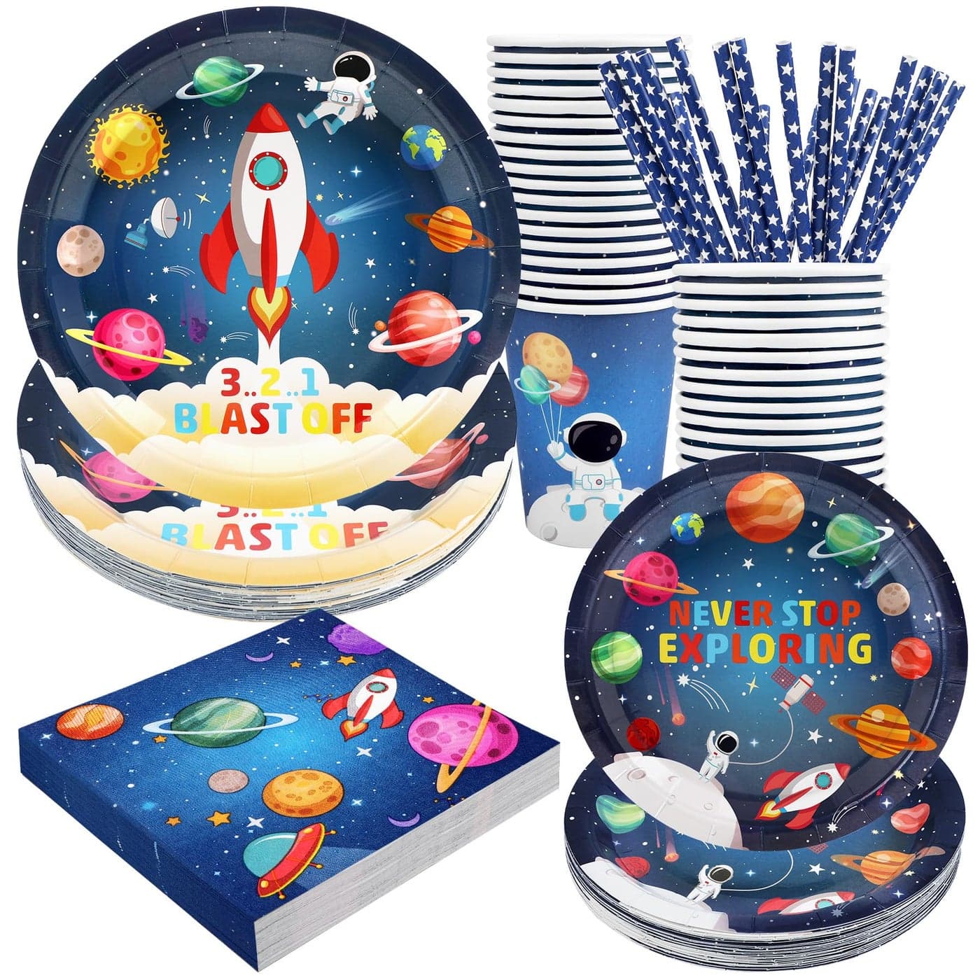 Space Birthday Party Supplies Decorations Outer Space Theme Paper Plates and Napkins Set for 24 Guests 120 Pcs Disposable Galaxy Party Dessert Dinnerware