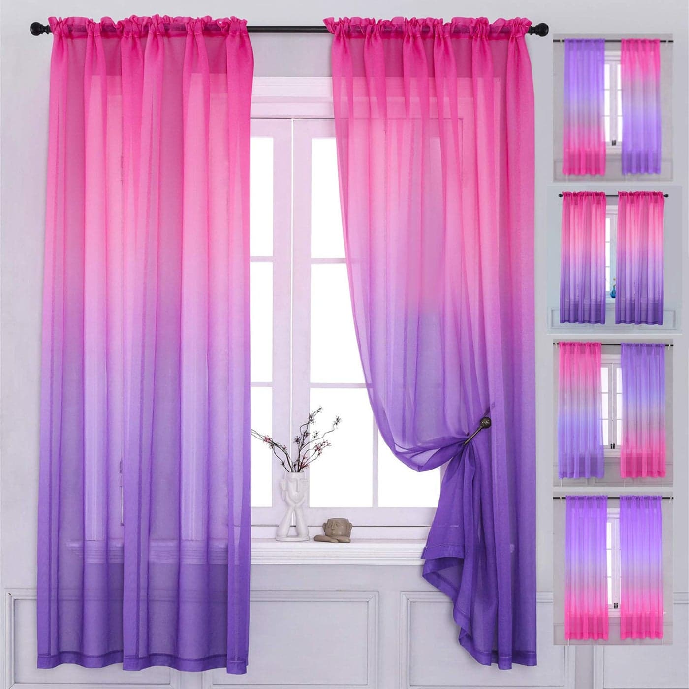 Yancorp 2 Panel Sets Bedroom Curtains 63 inch Length Sheer Curtain Pink Purple Ombre Curtains Rod Pocket Drapes for Girls Living Room Mermaid Bedroom Nursery Kid Window DecorPink Purple 52x63