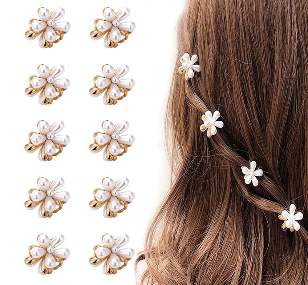 10 Pcs Small Mini Pearl Claw Clips with Flower Design Sweet Artificial Bangs Clips Decorative Hair Accessories for Women Girls