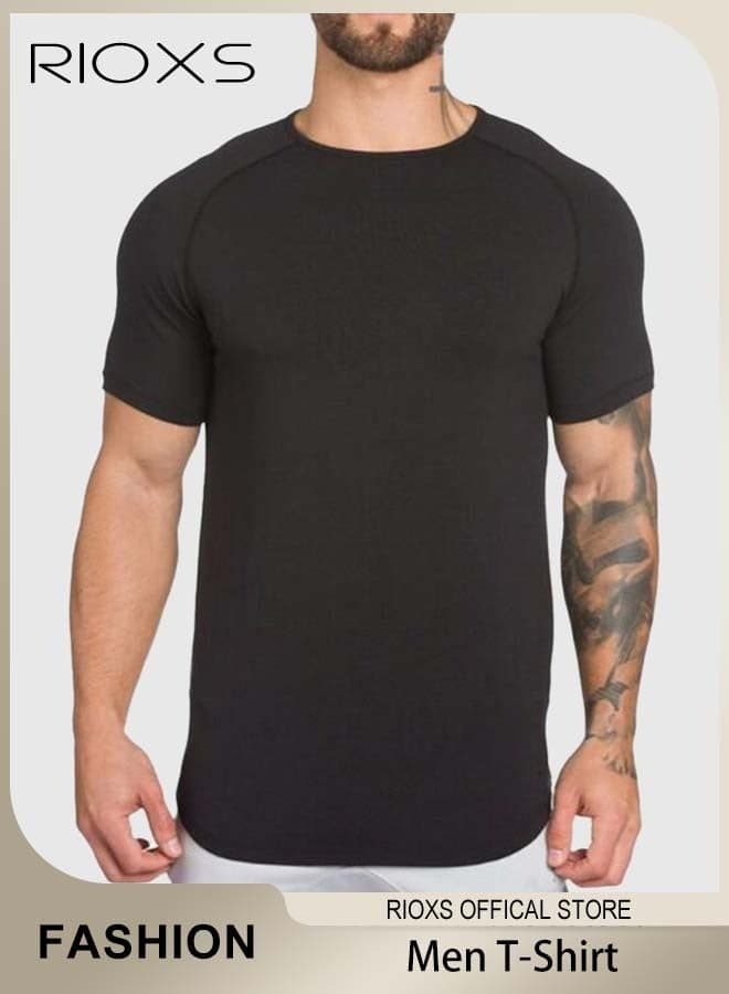 Men's Slim Fit Short Sleeve T-Shirt, Stretchy Round Neck Workout Tops for Men, Casual Bodybuilding Fitness Active Athletic T-Shirts, Comfy Breathable Beach Shirts, Suitable for Daily Wear, Commuting, Family Gatherings, Outdoor Adventures and More, Black