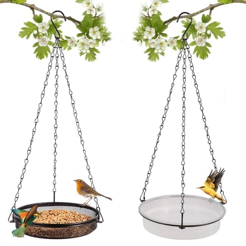 HRAYLTOP 2-in-1 Set Hanging Bird Feeder and Bath for Outdoor, Small Metal Tray Perfect for Attracting Bird