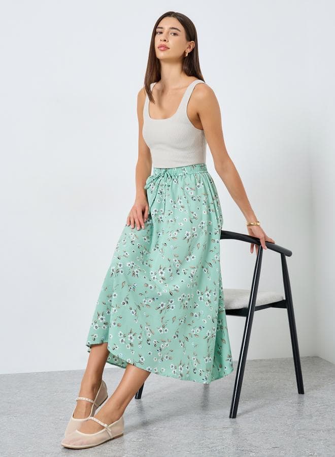 Floral Printed Drawstring Elastic Waist Skirt