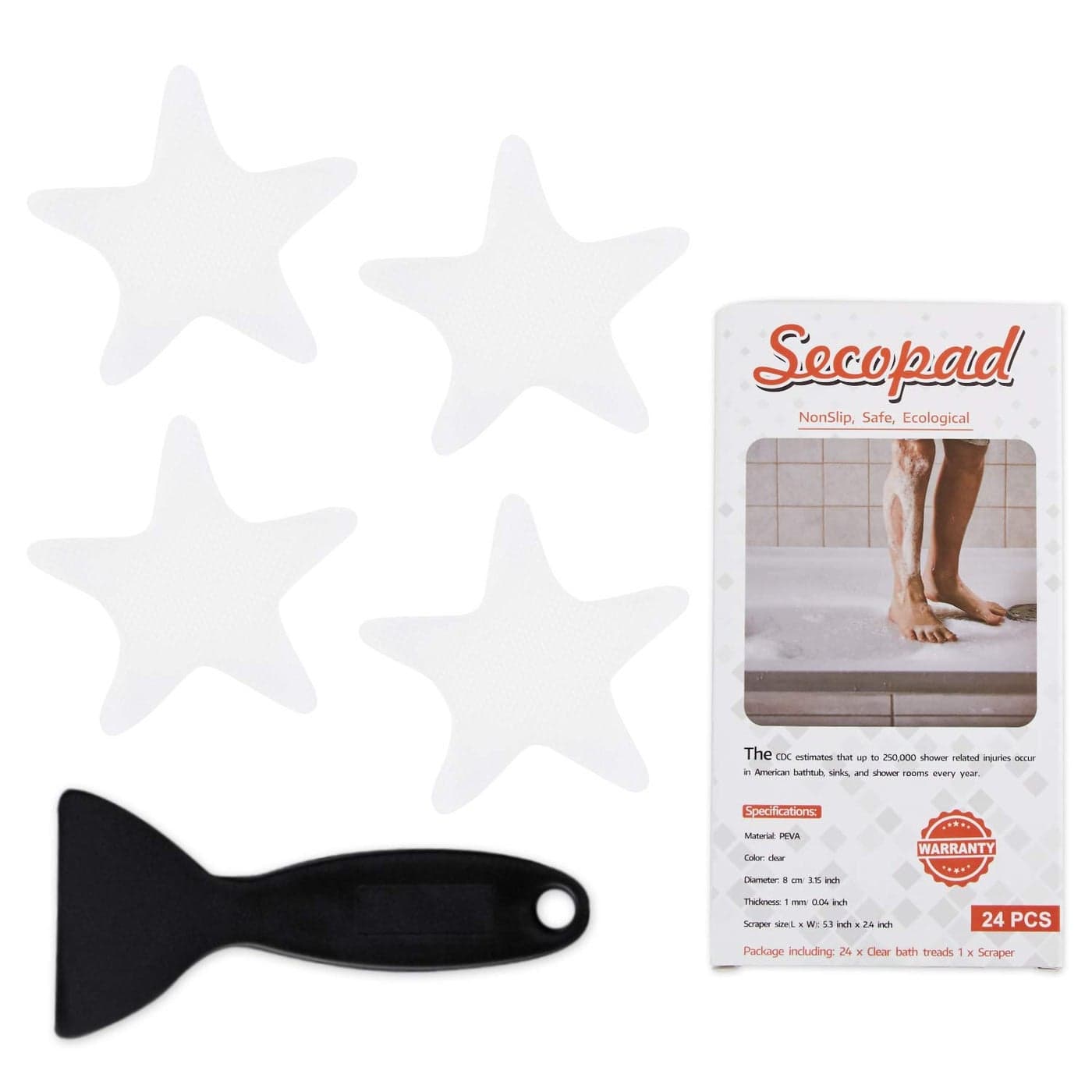 Secopad Anti Slip Shower Stickers 24 PCS Safety Bathtub Strips Adhesive Decals with Premium ScraperClear Star