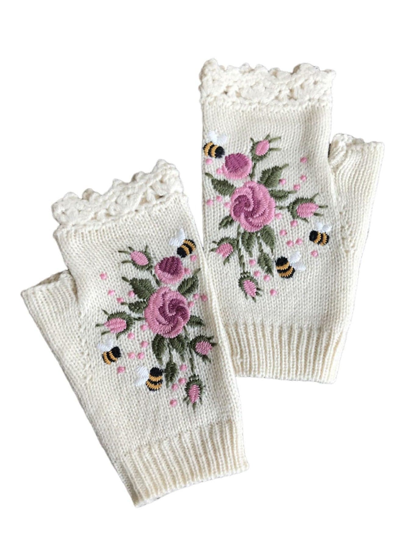 Hand Embroidered Gloves, 1 Pair Floral Fingerless Knit Winter Warm Gloves for Women,White