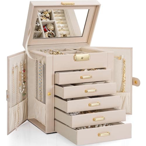 TORIBIO Large Jewelry Box for Women, Leather Jewelry Organizer with Mirror & Lock, 6-Tier Jewelry Storage Case for Girls/Women/Mothers, Necklace Earring Bracelets Holder Organizer