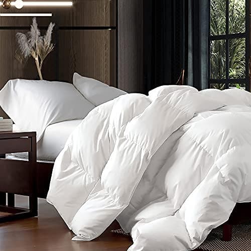 Luxurious Queen Size Goose Down Fiber Waterfowl Feather Fiber Comforter Duvet 100 Egyptian Cotton Cover 48 oz Fill Weight Baffle Box Design White Solid