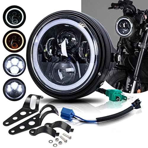 BWCarid 7 Inch LED Motorcycle Headlight Round DOT Approved With Housing Bucket Turn Signals DRL Halo Ring Angle Eyes Hi/Lo Beam Headlight w/Front Fork Clamp Bracket for H-arley Honda Yamaha Motorcycle