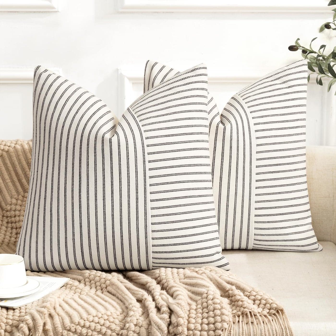 YCOLL Farmhouse Pillow Covers 26x26 Modern Accent Square Throw Pillow Covers Set of 2 Black and Beige Striped Patchwork Linen Decorative Pillows Cushion Covers for Couch Chair Bedroom Home Decor