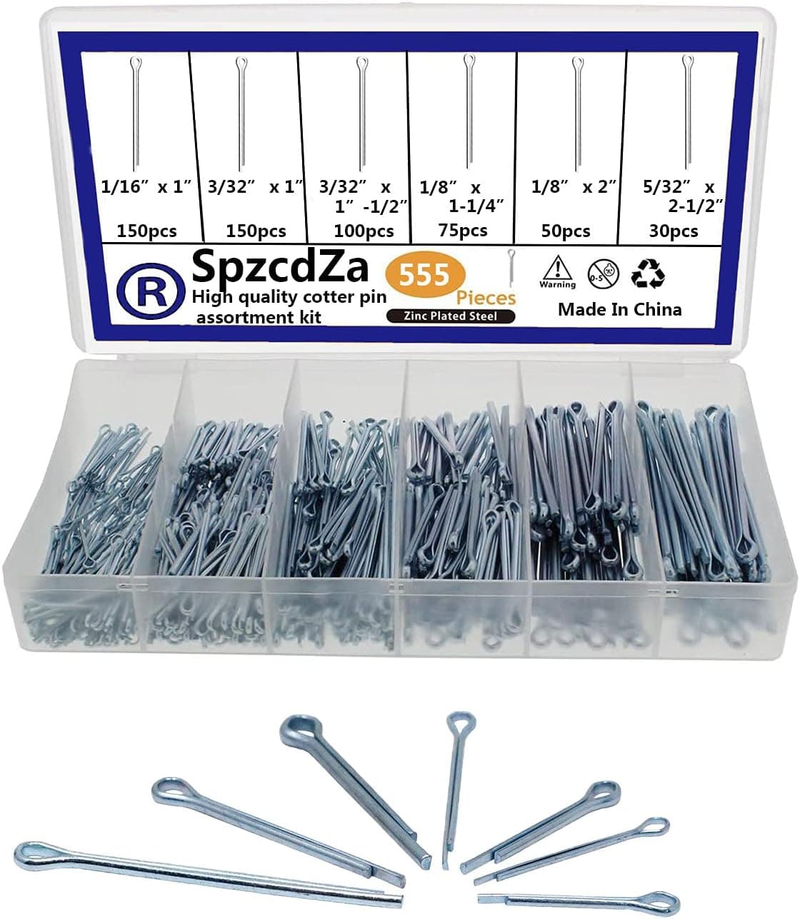 SpzcdZa Cotter Pin Assortment Kit - 555 Pieces Zinc Plated Steel Fasteners for Automotive and Mechanics