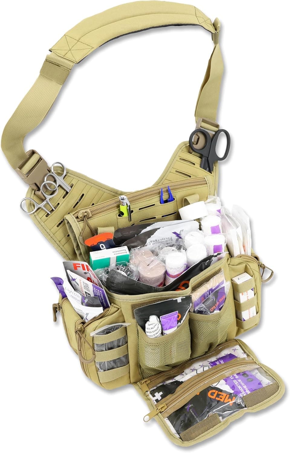 Lightning X Fully Stocked Tactical Shoulder Sling Pack MB15SKA First Aid Responder Medic Kit TAN