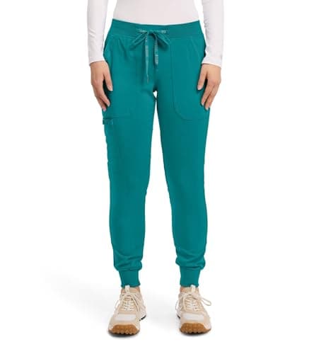 Med Couture Scrub Pants for Women Cargo Jogger Bottoms with 5 Pockets, Lightweight, Ultra Soft, 2-Way Stretch Fabric - MC7710, M Petite, Teal