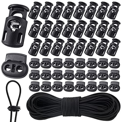 Patelai 50 Pieces Cord Locks Spring Toggles Stoppers Plastic Single Hole End Stopper Slider and 18 Inch 66 Feet Elastic Bungee Cord for Drawstring Shoelaces Clothing BagsBlack Mixed Style