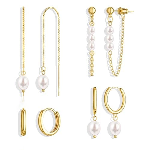 Moodear Gold Earrings for Women Non Tarnish - Trendy Pearl Dangle Drop Huggie Hoop Hypoallergenic Earring Sets for Multiple Piercing Cartilage Jewelry Gifts