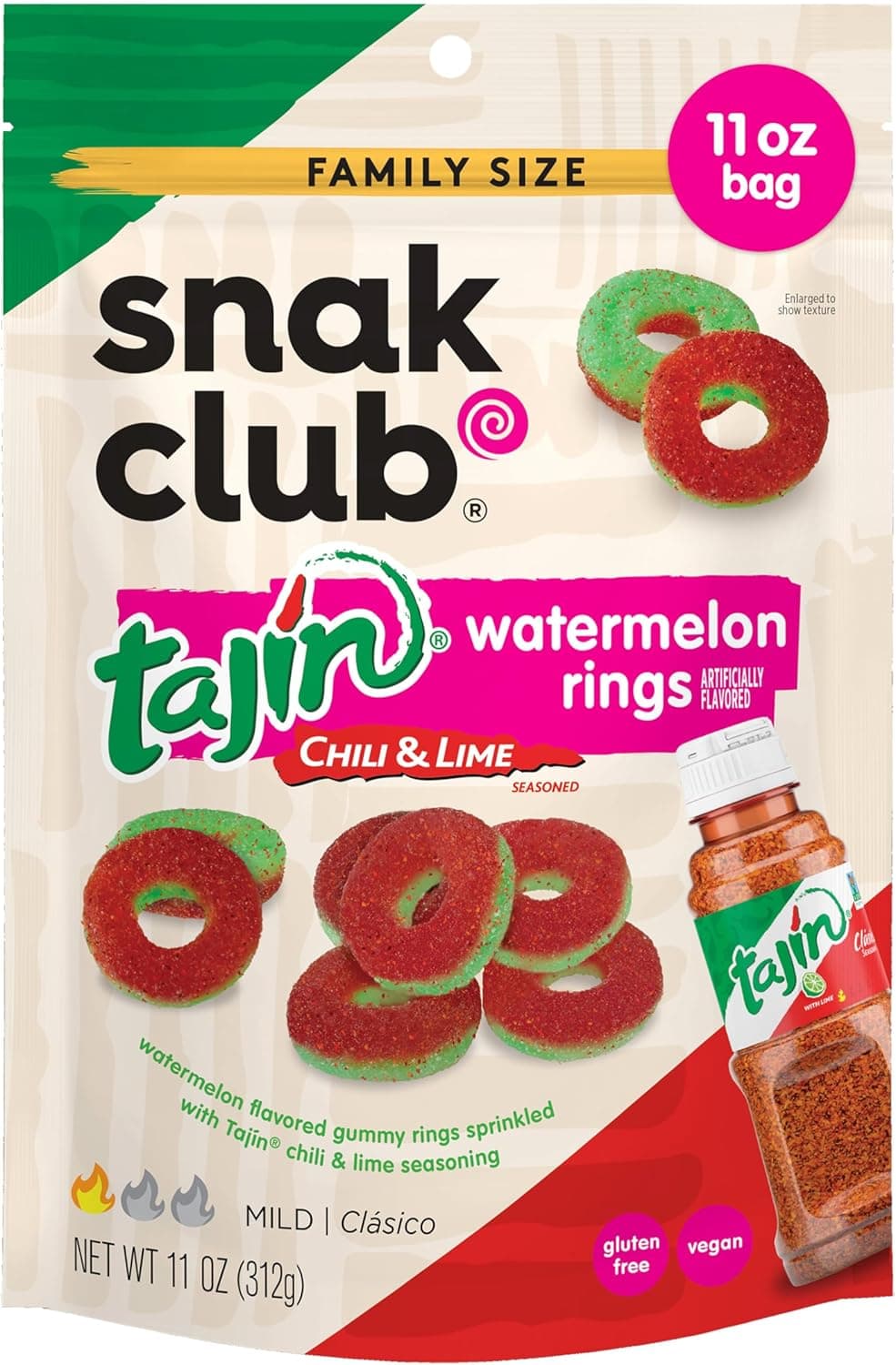 Snak Club Tajin Watermelon Rings - Sweet and Spicy Gummy Candy with Chili & Lime Seasoning, Family Size 11 Ounce