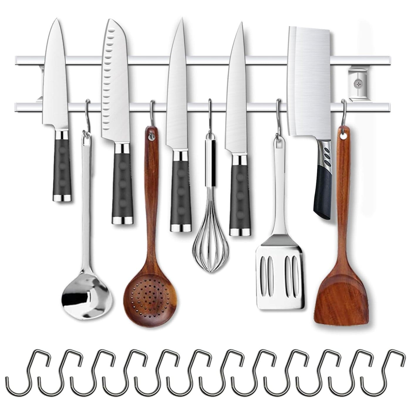 YIIYIIN 18 Inch Magnetic Knife Holder for Wall MountMagnetic Knife Strips with 12 Hook304 Stainless Steel Wall Magnetic Knife Bar RackKnife BlockKnife RackUtensil HangerKitchen Utensil Holder