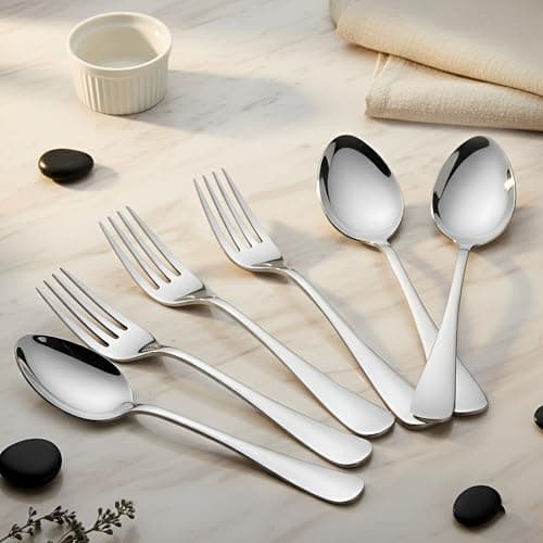 Parage 6 Pieces Stainless Steel Table Spoons and Forks Set with Round Edge, Tableware, Set of 6, Silver (Contains: 3 Table Spoons and 3 Dinner Forks)